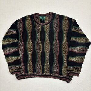 Vintage 90s Tundra Canada 3D Knit Coogi Style Sweater Size L Black Brown Green